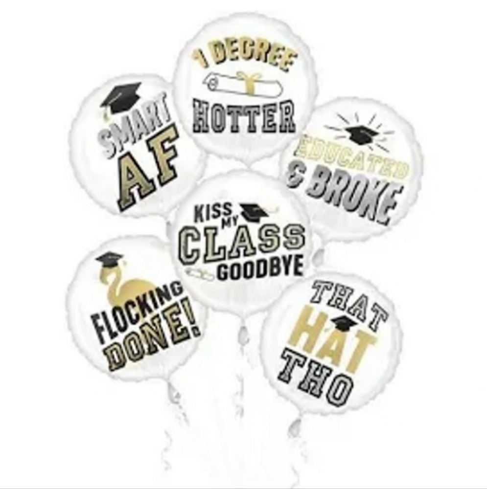 White and Gold Fun Phrases Graduation 6 Piece Balloon Bouquet